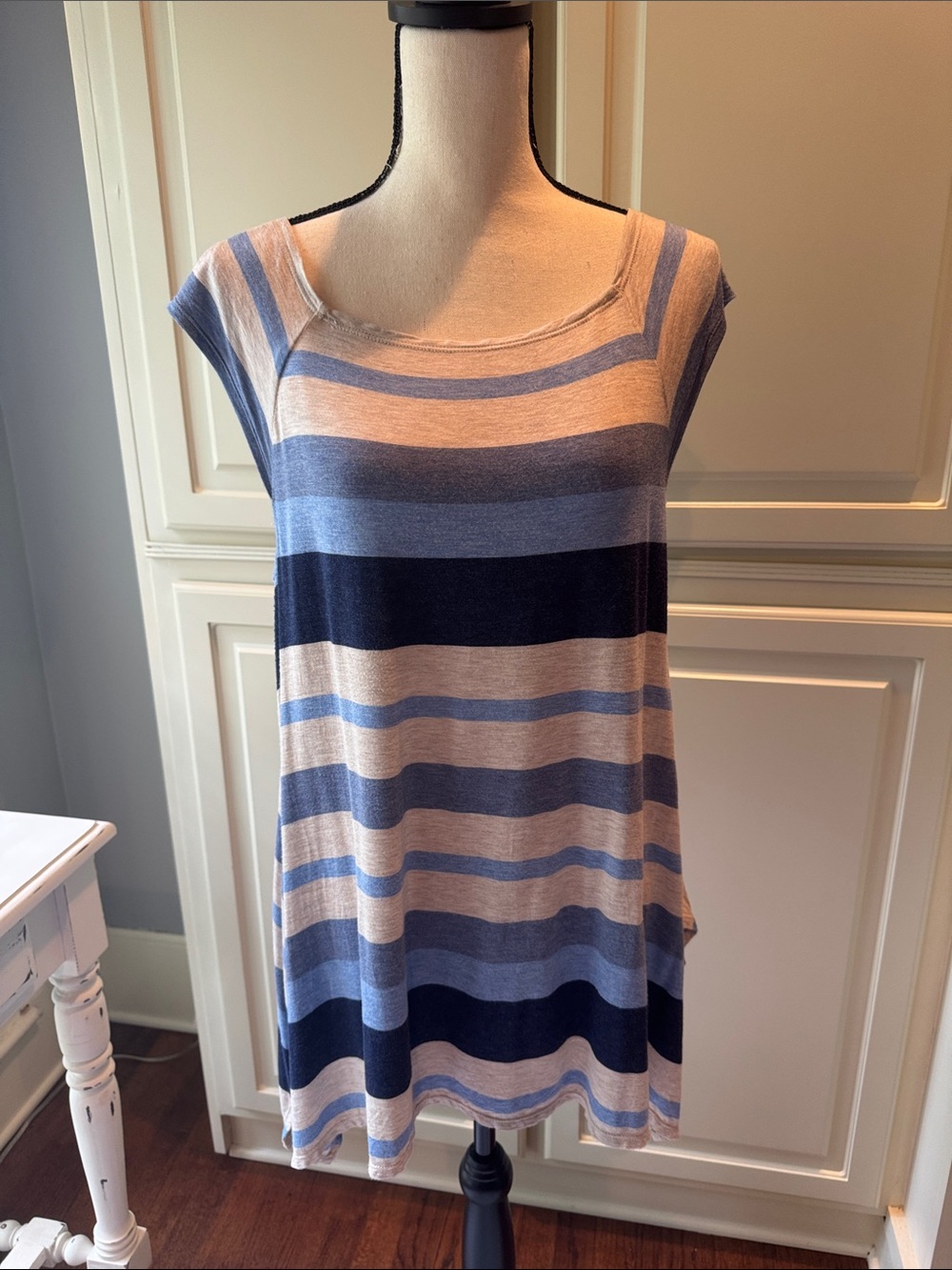 Max Studio Striped Cap-Sleeve Tunic in Blue and Cream